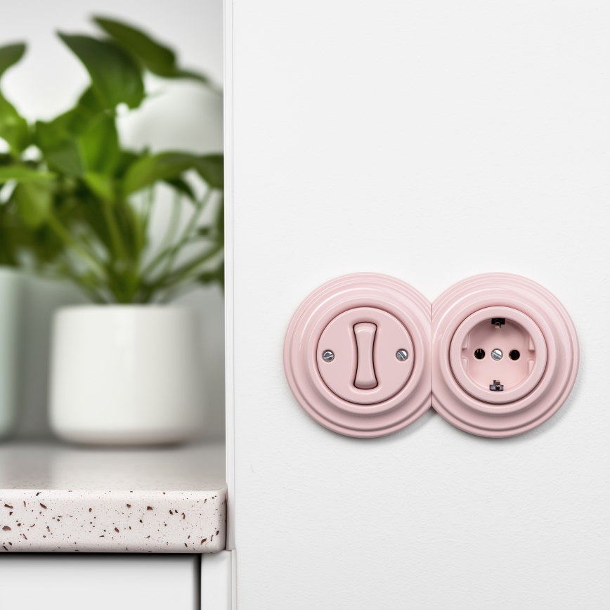 Kliklap - Ретро однополюсный выключатель № 1 и розетка SCHUKO 230 В с рамкой винтажно-розового цвета