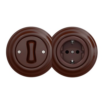 Kliklap - Ретро однополюсный выключатель №1 и розетка SCHUKO 230V с коричневой рамкой