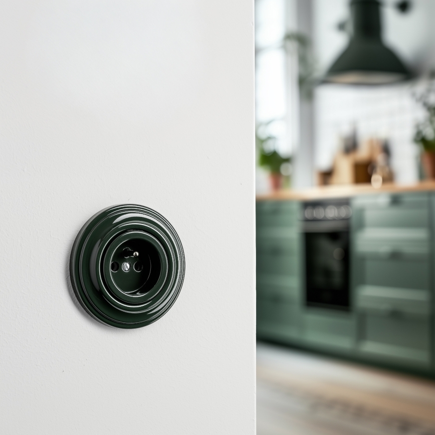 Kliklap - ретро побутова розетка з рамкою, 230 В, зелена