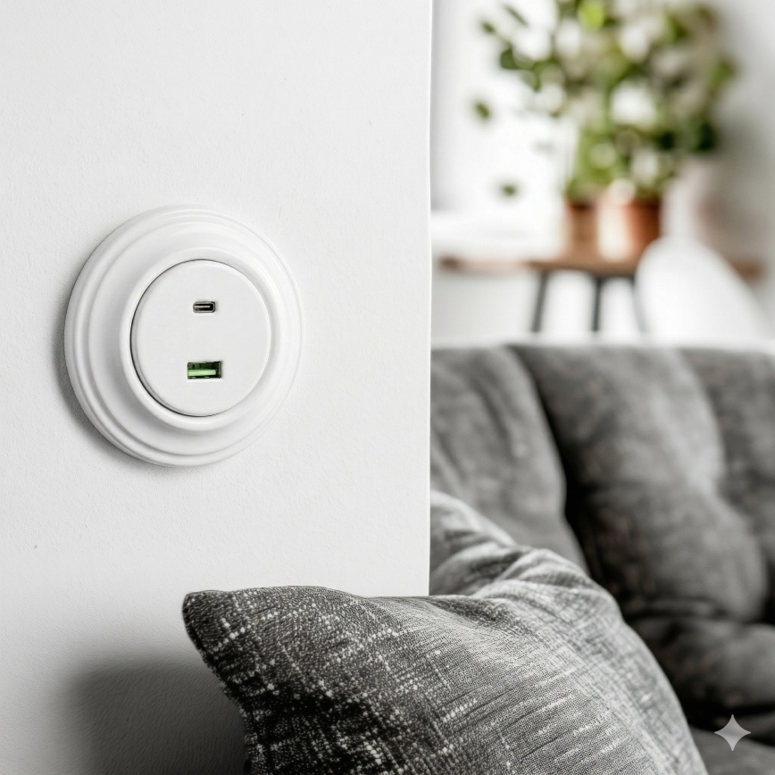 Kliklap - Ретро USB-розетка A+C с рамкой, снежно-белая