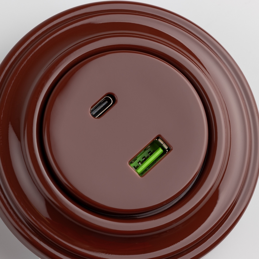 Kliklap - ретро USB-розетка A+C с рамкой, коричневая