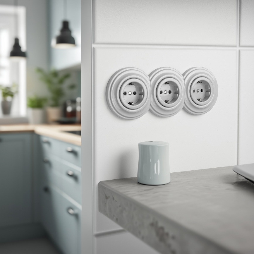 Kliklap - Тройная ретро-розетка для дома со рамкой SCHUKO 230 В, керамическая, белая