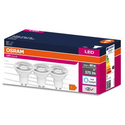 Komplekt iz 3 sht. svetodiodnykh reflektornykh lamp PAR16 GU10/6,9 Вт/230 В 6500 К 60° - Osram