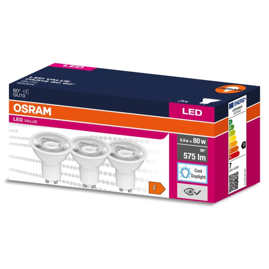 Komplekt iz 3 sht. svetodiodnykh reflektornykh lamp PAR16 GU10/6,9 Вт/230 В 6500 К 60° - Osram
