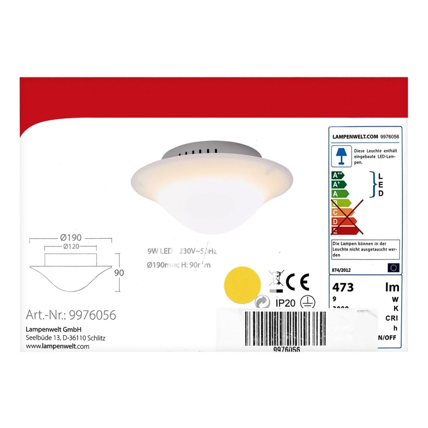 Lampenwelt - Стельовий LED світильник LED/9W/230V