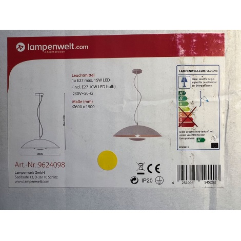 Lampenwelt - Светодиодная подвесная RGBW-люстра с регулированием яркости ARTHUR 1xE27/10W/230V Wi-Fi