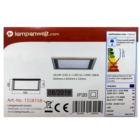 Lampenwelt - Світлодіодний стельовий RGBW-світильник з регулюванням яскравості LYNN LED/29,5W/230V 2700-6500K + дистанційне керування