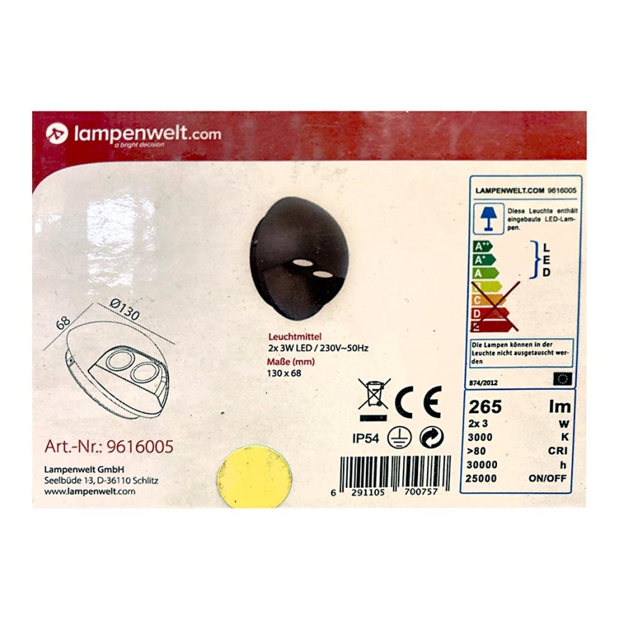 Lampenwelt - Вуличний світлодіодний настінний світильник 2xLED/3W/230V IP54