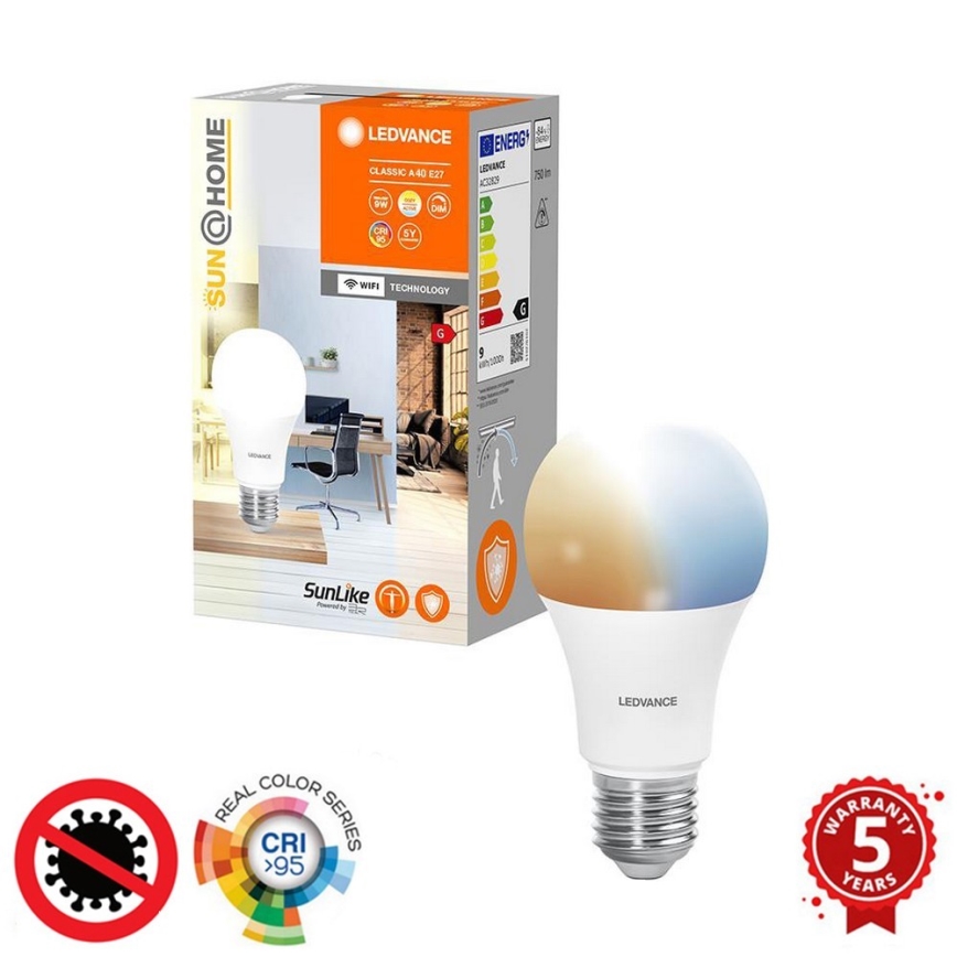 LED Антибактеріальна лампочка з регулюванням яскравості A40 E27/9W/230V Wi-Fi - Ledvance