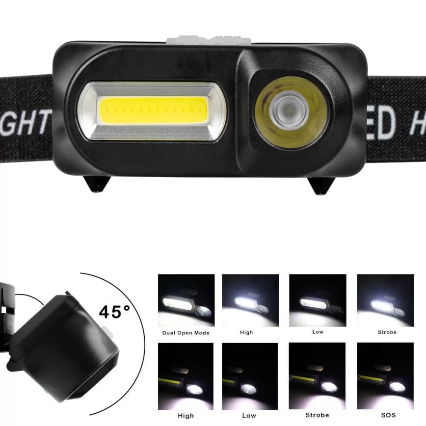 LED Акумуляторний налобний ліхтар з регулюванням яскравості 2xLED/5V IP44 210 лм 2000 mAh