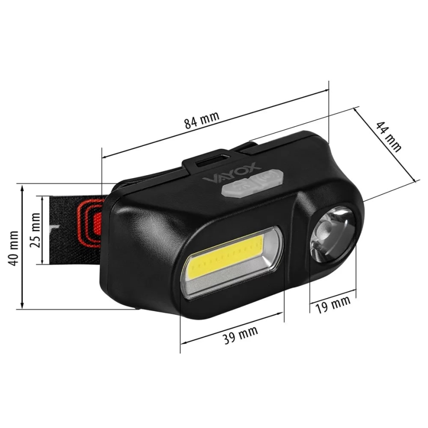 LED Акумуляторний налобний ліхтар з регулюванням яскравості 2xLED/5V IP44 210 лм 2000 mAh