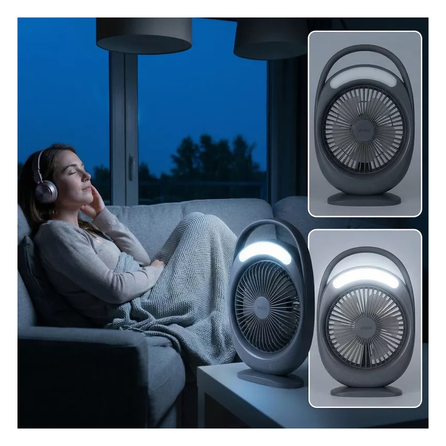 LED акумуляторний настільний вентилятор з LED-підсвічуванням LED/2,8W/5V USB 2400 mAh сірий