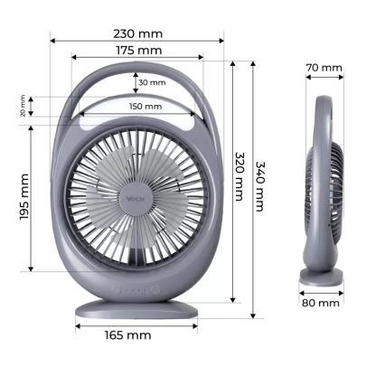 LED акумуляторний настільний вентилятор з LED-підсвічуванням LED/2,8W/5V USB 2400 mAh сірий