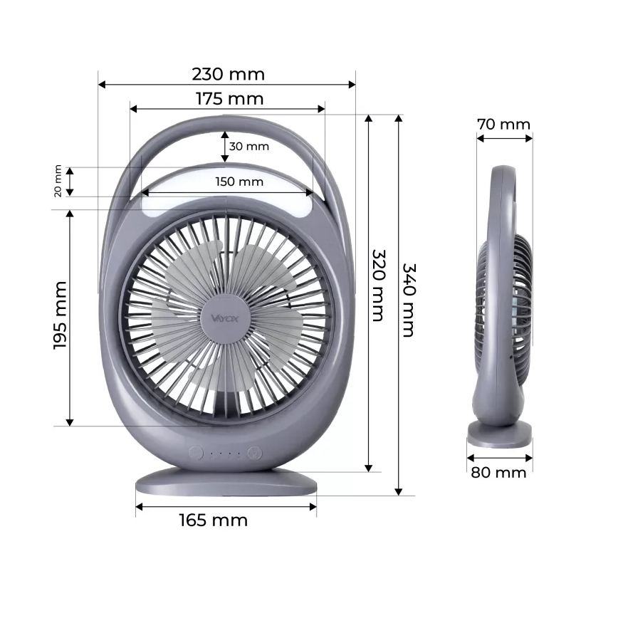 LED акумуляторний настільний вентилятор з LED-підсвічуванням LED/2,8W/5V USB 2400 mAh сірий