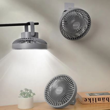 LED Акумуляторний настільний вентилятор зі світлодіодною підсвіткою LED/2W/5V USB 2400 mAh сірий