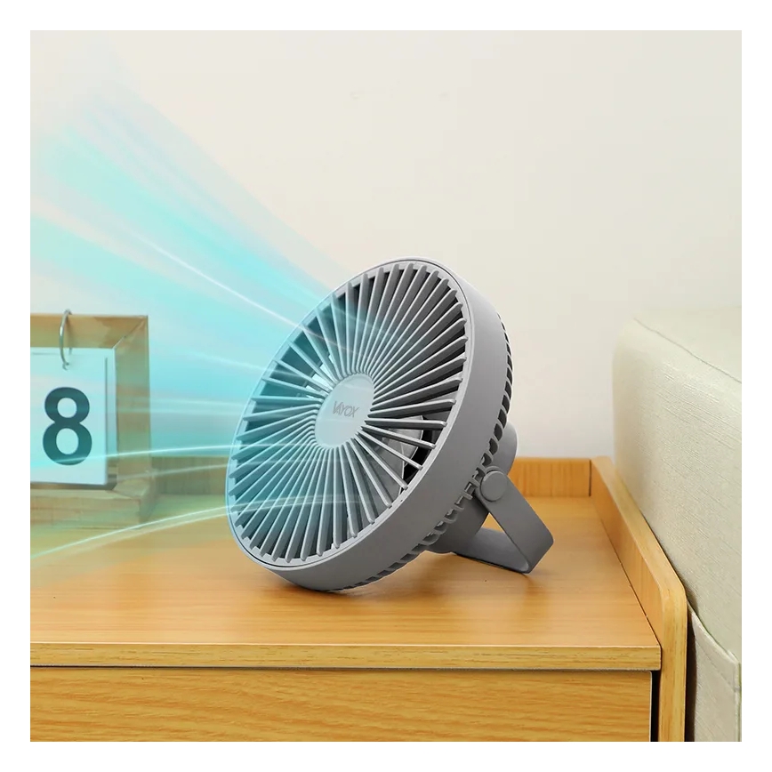LED Акумуляторний настільний вентилятор зі світлодіодною підсвіткою LED/2W/5V USB 2400 mAh сірий