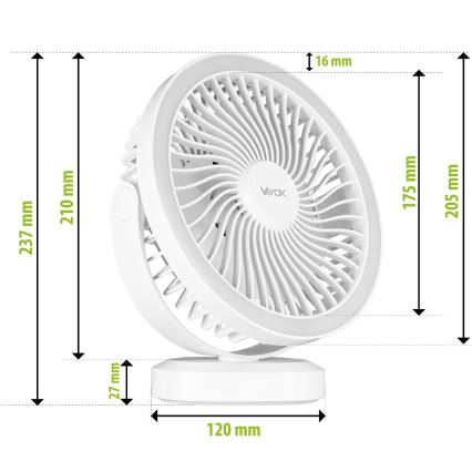 LED Акумуляторний настільний вентилятор зі світлодіодною підсвіткою LED/3W/5V USB 2400 mAh білий