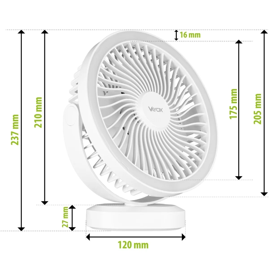 LED Акумуляторний настільний вентилятор зі світлодіодною підсвіткою LED/3W/5V USB 2400 mAh білий