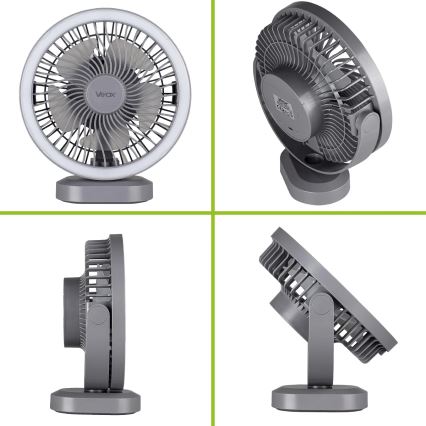 LED Акумуляторний настільний вентилятор зі світлодіодною підсвіткою LED/3W/5V USB 2400 mAh сірий