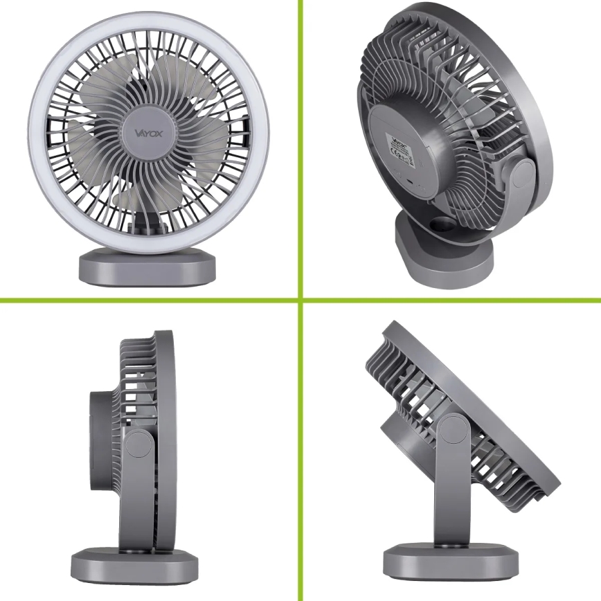LED Акумуляторний настільний вентилятор зі світлодіодною підсвіткою LED/3W/5V USB 2400 mAh сірий