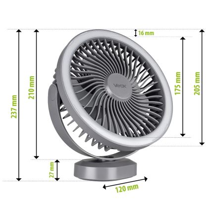 LED Акумуляторний настільний вентилятор зі світлодіодною підсвіткою LED/3W/5V USB 2400 mAh сірий
