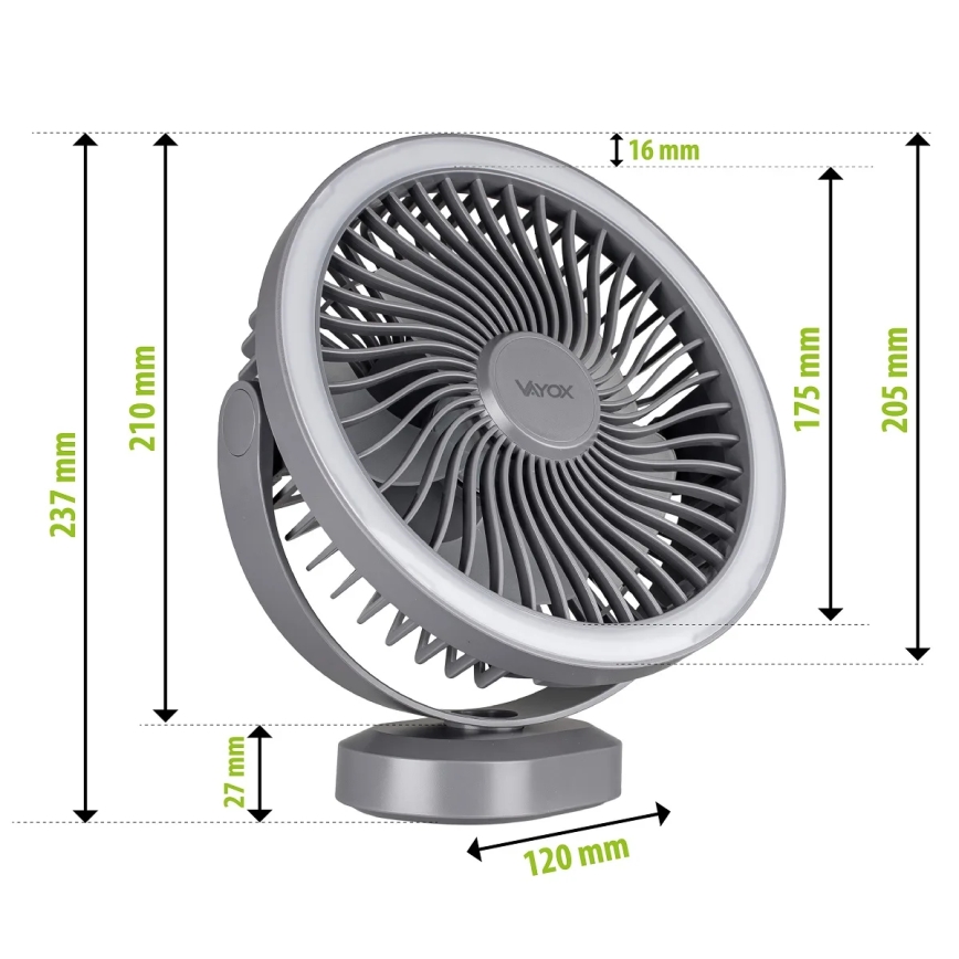 LED Акумуляторний настільний вентилятор зі світлодіодною підсвіткою LED/3W/5V USB 2400 mAh сірий