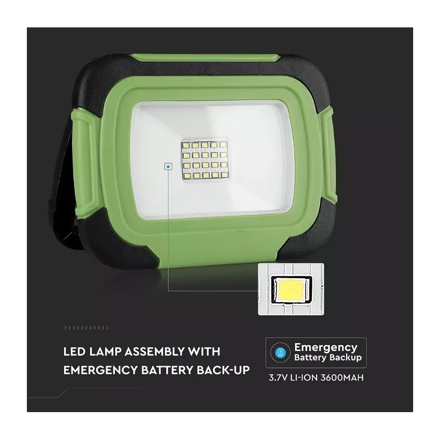 LED Акумуляторний прожектор з регулюванням яскравості SAMSUNG CHIP + функція SOS LED/10W/3,7V/USB IP44 4000K 3600 mAh зелений