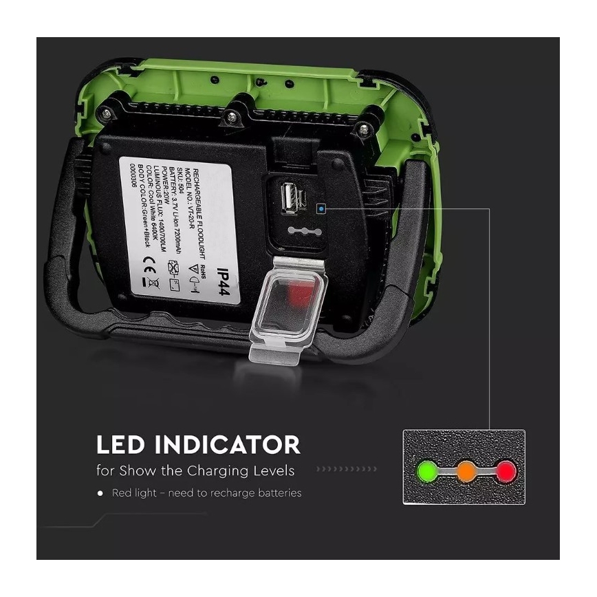 LED Акумуляторний прожектор з регулюванням яскравості SAMSUNG CHIP + функція SOS LED/10W/3,7V/USB IP44 4000K 3600 mAh зелений