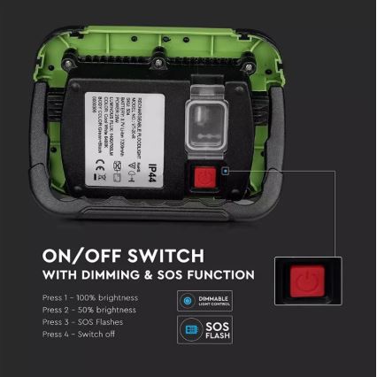 LED Акумуляторний прожектор з регулюванням яскравості SAMSUNG CHIP + функція SOS LED/10W/3,7V/USB IP44 4000K 3600 mAh зелений