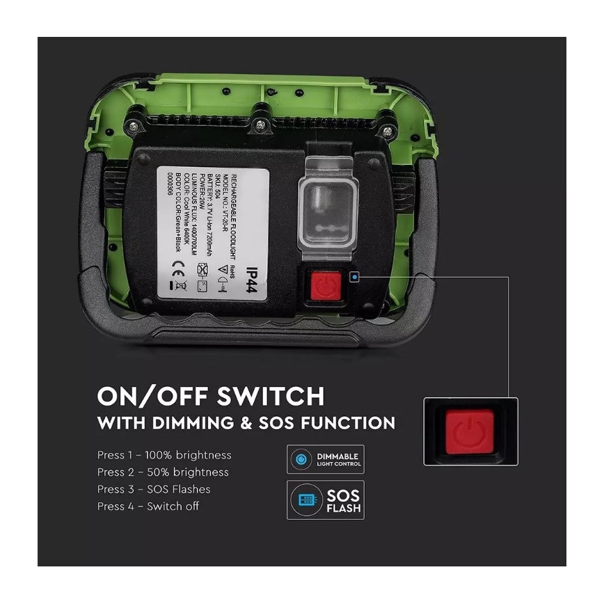 LED Акумуляторний прожектор з регулюванням яскравості SAMSUNG CHIP + функція SOS LED/10W/3,7V/USB IP44 4000K 3600 mAh зелений