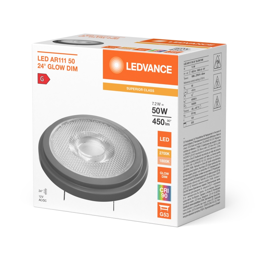 LED Диммируемая лампа AR111 G53/7,2W/12V 1800-2700K 24° CRI 90 - Ledvance