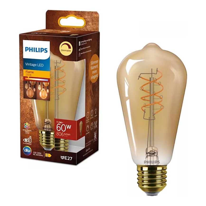 LED диммируемая лампа VINTAGE Philips ST64 E27/7,3W/230V 2200K CRI 90