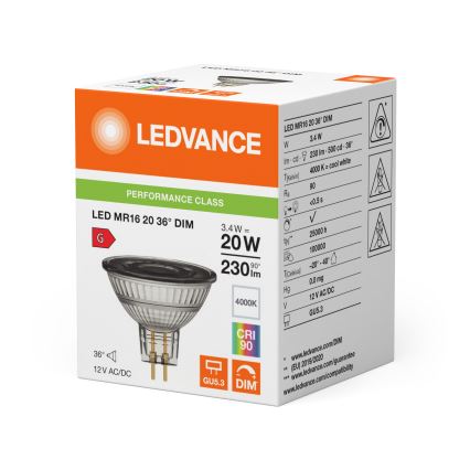 Светодиодная диммируемая рефлекторная лампа MR16 GU5,3/3,4W/12V 4000K 36° CRI 90 - Ledvance