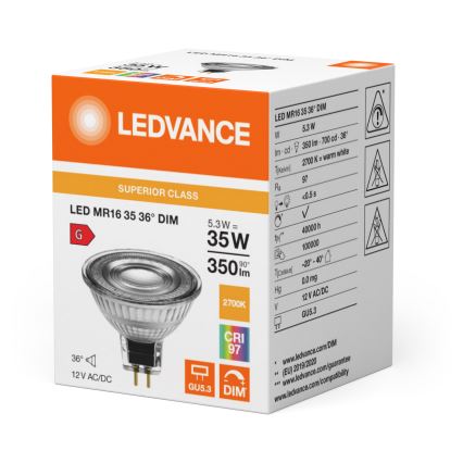 Светодиодная диммируемая рефлекторная лампа MR16 GU5,3/5,3W/12V 2700K 36° CRI 97 - Ledvance