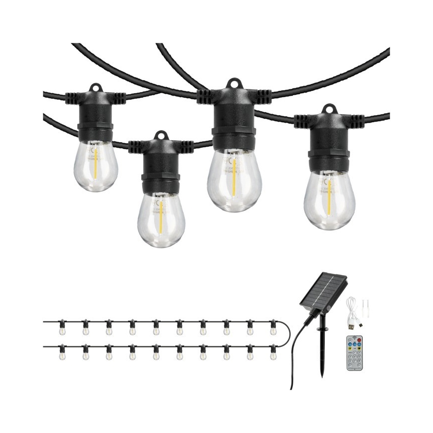 Диммируемая LED декоративная гирлянда на солнечной батарее STARLIGHT NEO 20xE27/3,7V 2700K IP54 2400 mAh 21,5m + пульт дистанционного управления