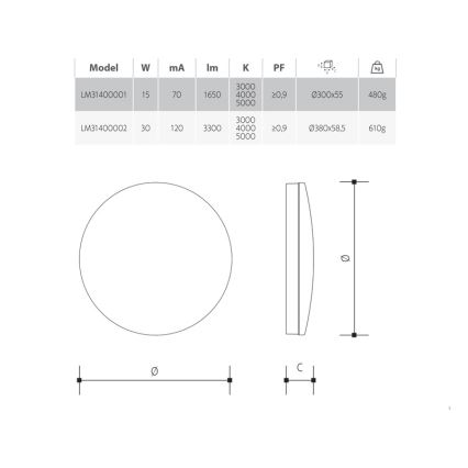 Димований світлодіодний стельовий світильник для ванної кімнати 15 Вт/230 В 3000/4000/5000 К діаметр 30 см IP54