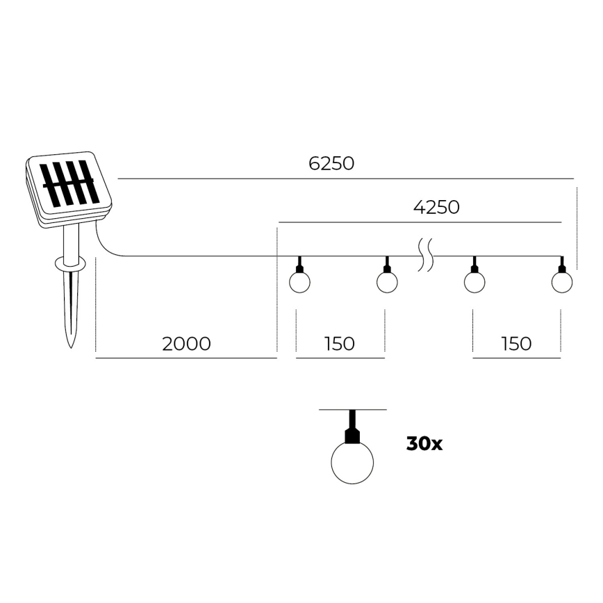 LED гірлянда на сонячній батареї 30xLED/0,12W/1,2V 1xAA 3000K IP44 400 mAh