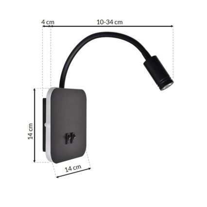LED Гнучка nástěnná lampička BASE 1xLED/8W+1xLED/2W/230V чорний/срібний