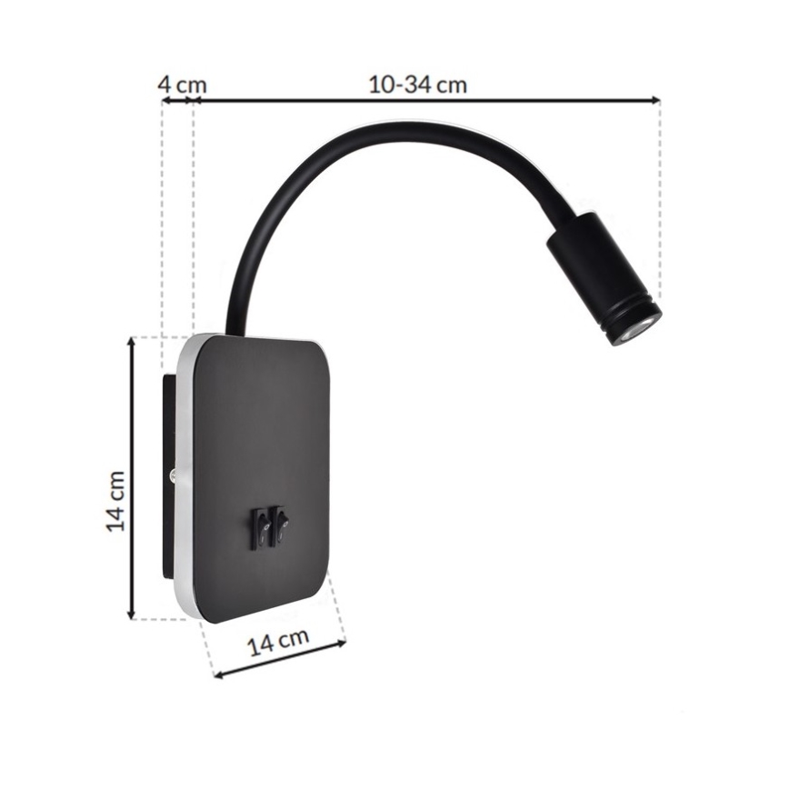 LED Гнучка nástěnná lampička BASE 1xLED/8W+1xLED/2W/230V чорний/срібний