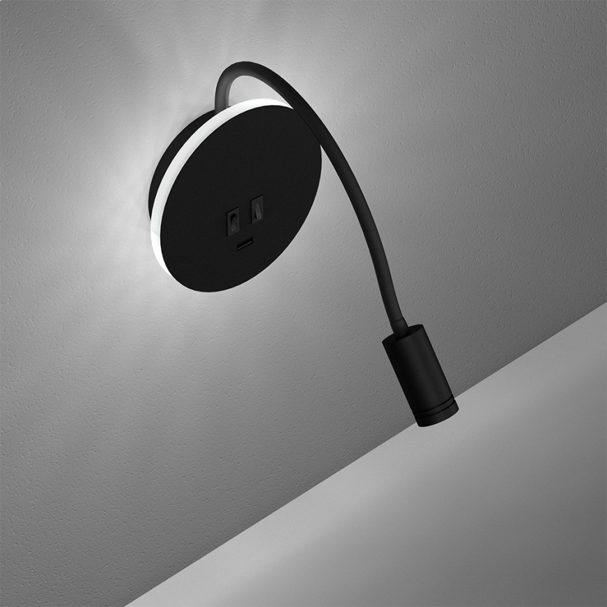 LED Гнучка nástěnná lampička BASE 1xLED/8W+1xLED/2W/230V чорний/срібний