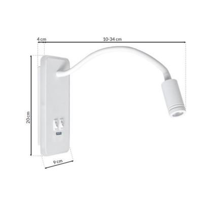 LED Гнучка nástěnná lampička з USB BASE 1xLED/8W+1xLED/2W/230V білий
