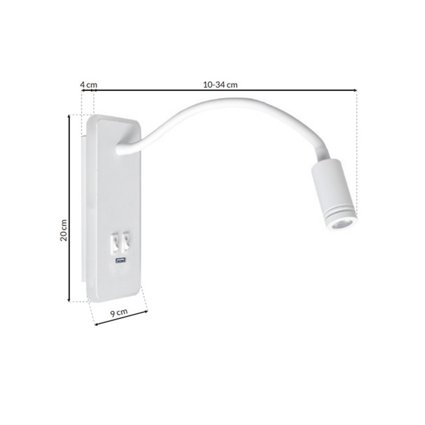 LED Гнучка nástěnná lampička з USB BASE 1xLED/8W+1xLED/2W/230V білий