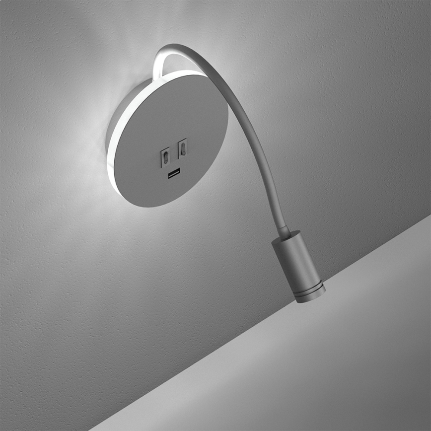 LED Гнучка nástěnná lampička з USB BASE 1xLED/8W+1xLED/2W/230V білий/срібний