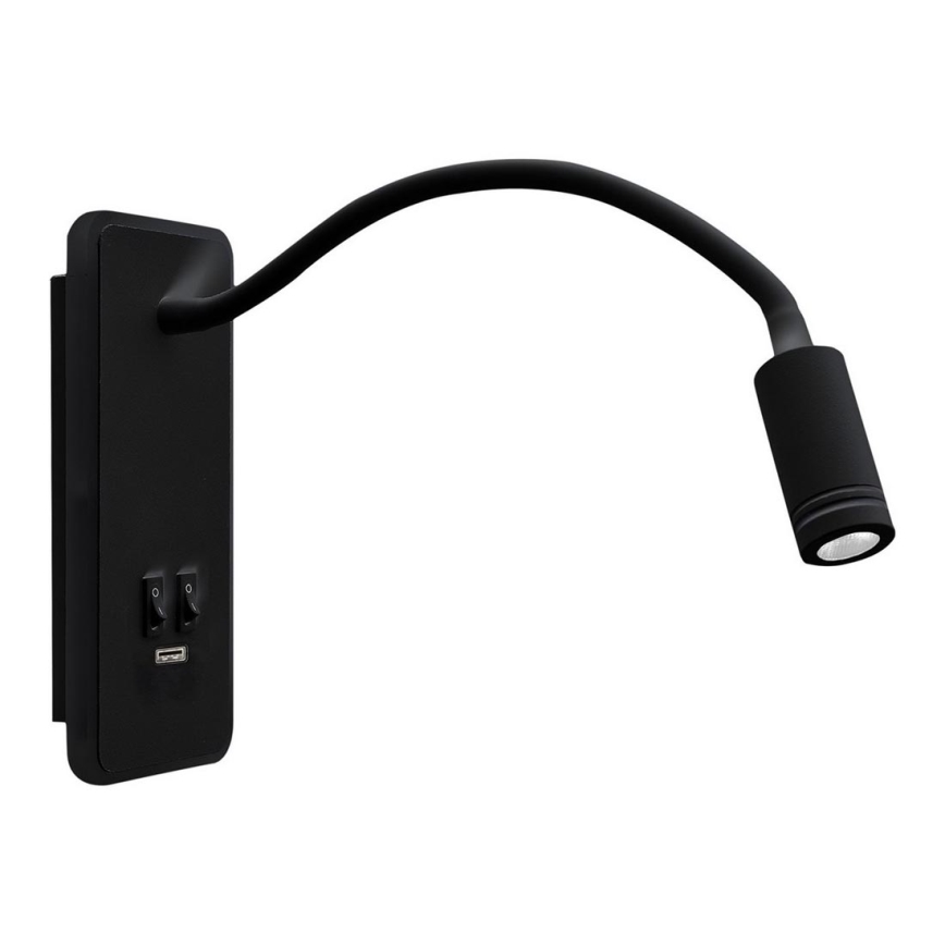LED Гнучка настінна лампа з USB BASE 1xLED/8W+1xLED/2W/230V чорний