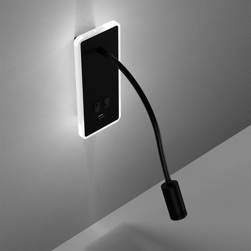 LED Гнучка настінна лампа з USB BASE 1xLED/8W+1xLED/2W/230V чорний