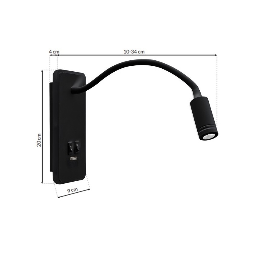 LED Гнучка настінна лампа з USB BASE 1xLED/8W+1xLED/2W/230V чорний