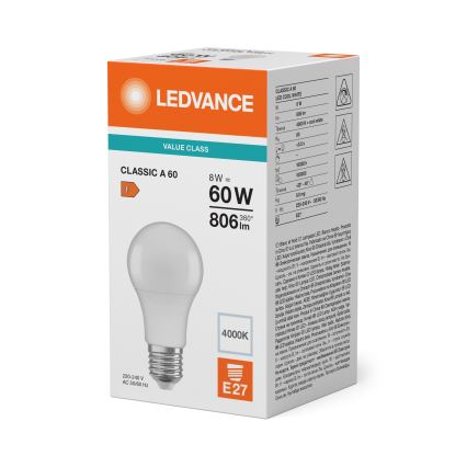LED лампа CLASSIC A60 E27/8W/230V 4000K - Ledvance