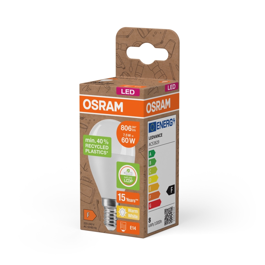 LED-лампа из переработанного пластика P45, цоколь E14, 7,5 Вт, 230 В, 2700K - Osram