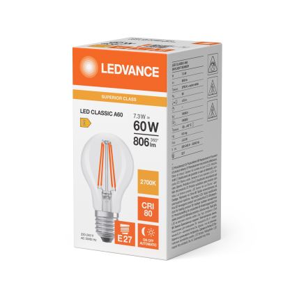 Светодиодная лампа с датчиком сумерек CLASSIC FILAMENT A60 E27/7,3W/230V 2700K - Osram