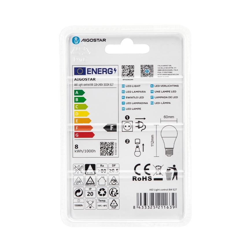 LED-лампа з датчиком сутінків A60 E27/8W/230V 3000K - Aigostar